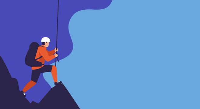 Determined climber ascends a challenging mountain, embodying ambition, success, and overcoming obstacles. Ideal for business growth, adventure, and travel concepts.