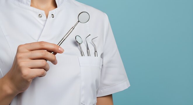 A dentist holding a dental mirror with dental tools in pocket.