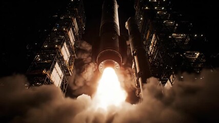 Spectacular Rocket Launch at Night, Powerful Engine Ignites a Fiery Ascent Amidst a Cloud of Smoke , Dynamic liftoff of a spacecraft, fueled by immense power and surrounded by billowing smoke