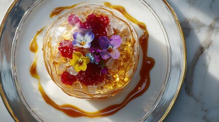 Crystallized flowers arrangement with purple violets and rose petals encased in transparent sugar dome, luxury dessert on white plate with gold rim, marble background, caramel sauce artistry
