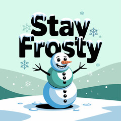 Walking in a winter wonderland happy snowman waving with pine trees stars festive Christmas vector illustration for greeting cards posters