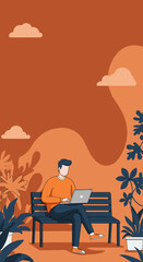 Man using laptop on a bench outdoors, symbolizing remote work, flexible lifestyle, and productivity in a serene setting.