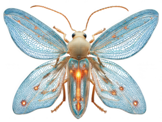 Intricate mechanical insect with glowing blue wings and orange lights isolated on transparent background