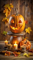 Glowing Jack O Lantern and Candles with Autumn Leaves on Wooden Background for Halloween