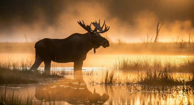 Majestic moose in misty sunrise wetlands