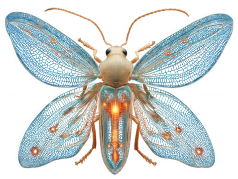 Intricate mechanical insect with glowing blue wings and orange lights isolated on transparent background