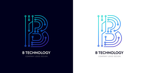 B letter network logo design for robot tech innovation. Futuristic typographic alphabet logo, AI bot technology corporate brand circuit vector. Techno gradient electric cyber text line. © nuddss