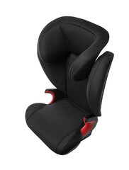 A black child safety car seat with a high back and adjustable headrest isolated on a white background.