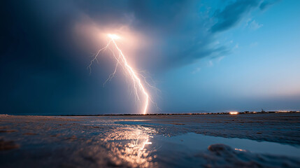 Powerful lightning bolt illuminates dark stormy sky over calm ocean waters, creating spectacular natural phenomenon with dramatic atmospheric lighting and moody blue tones.