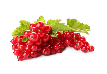 Fresh red currants with leaves on white background