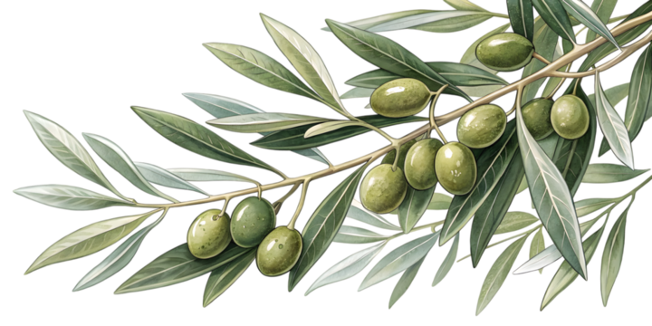 Watercolor illustration of an olive branch with green olives isolated on transparent background.