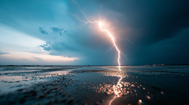 Brilliant lightning illuminates twilight sky over sandy beach with perfect water reflection, showcasing raw power of nature in stunning coastal storm scene.