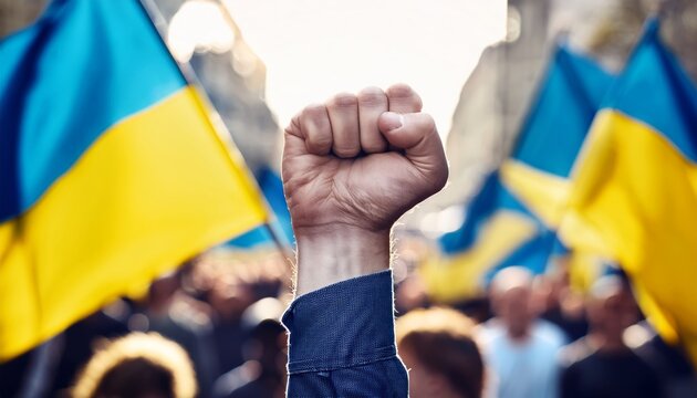 A raised fist in front of the Ukrainian flag, symbolizing unity, resistance, and national pride. The image conveys a powerful message of solidarity.