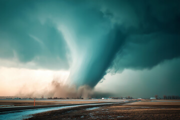 Massive supercell storm system with visible rotation hovers over flat plains, showcasing incredible scale and power of severe weather formation in dramatic sky.