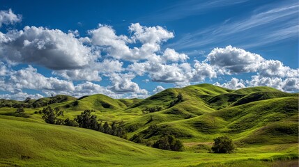 Fototapeta premium Vibrant green rolling hills under a dramatic blue sky with fluffy white clouds and wispy cirrus streaks
