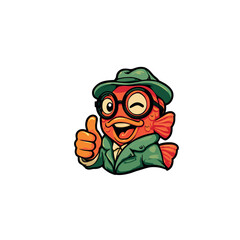 Illustration of a fish character wearing a hat and suit giving a thumbs up gesture with a wink face