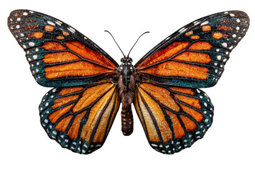 Detailed monarch butterfly wings with orange and black patterns isolated on transparent background