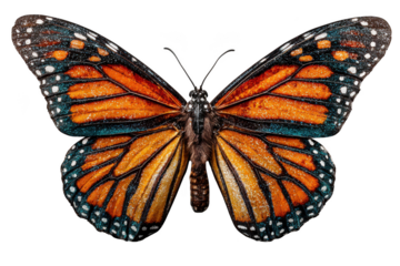Detailed monarch butterfly wings with orange and black patterns isolated on transparent background