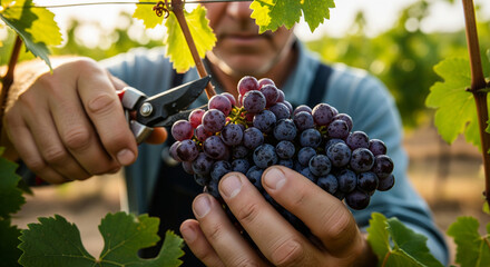 A man harvesting grapes with pruning shears in a vineyard