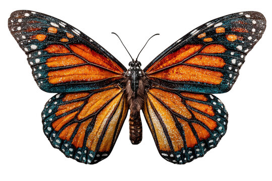 Detailed monarch butterfly wings with orange and black patterns isolated on transparent background - Powered by Adobe