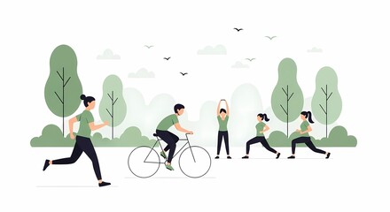 Diverse group of people engaging in various outdoor recreational activities like running, cycling, and stretching in a serene park setting with trees and birds.