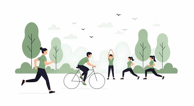 Diverse group of people engaging in various outdoor recreational activities like running, cycling, and stretching in a serene park setting with trees and birds.