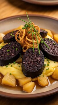 German himmel und erde with black pudding, mashed potatoes, apples, and crispy onions