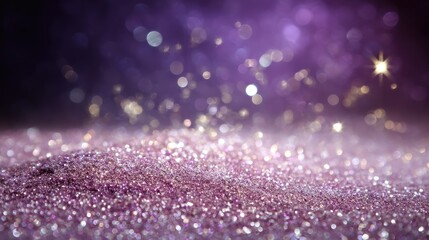 A glistening array of shimmering, iridescent glitter, set against a backdrop of soft, out-of-focus purple and gold lights, creating a magical, festive, and enchanting visual experience.