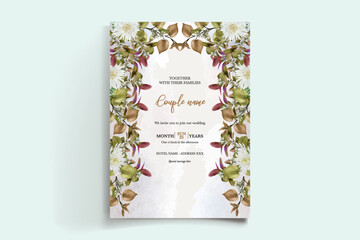 WEDDING INVITATION FRAME WITH FLOWER DECORATIONS AND FRESH LEAVES
