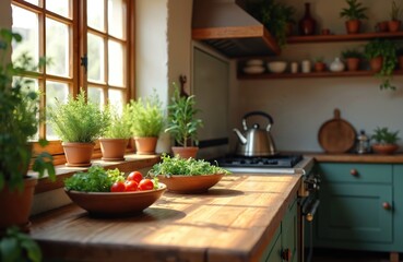 Fototapeta premium Rustic kitchen features wooden countertop with fresh vegetables, herbs. Sunlight streams through window, illuminating potted plants, teapot on stove. Cozy, homely decor creates inviting culinary
