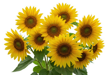 Fototapeta premium A vibrant bouquet of sunflowers with bright yellow petals and green leaves, isolated on a clean transparent background, symbolizing summer and natural beauty