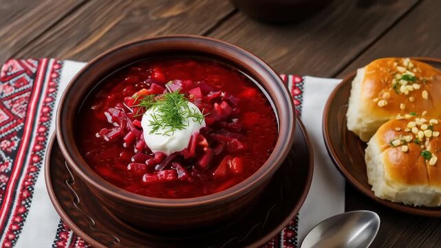 Delicious traditional ukrainian borscht with sour cream dill and pampushky garlic bread