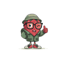 A cartoon strawberry character wearing glasses and a hat giving a thumbs up gesture on white background