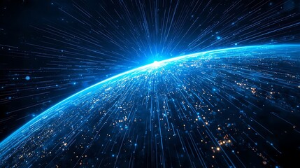 Obraz premium Futuristic Earth from Space with Glowing Data Streams and Global Network Visualization