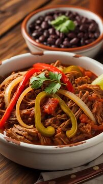 Traditional cuban ropa vieja a stew of shredded beef served with rice and black beans