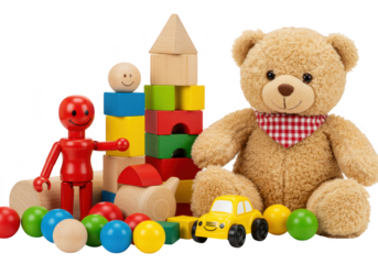 Collection of colorful wooden toys including a teddy bear, building blocks, a car, and a wooden figure, isolated on a transparent background