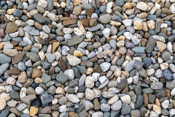 Natural river pebbles in assorted colors. Colorful smooth river stones covering the ground, ideal for backgrounds, landscaping themes, or nature and texture concepts.