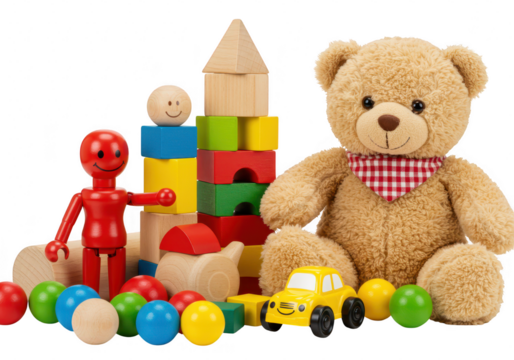 Collection of colorful wooden toys including a teddy bear, building blocks, a car, and a wooden figure, isolated on a transparent background