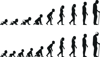 Male and female human life stages silhouette icons from baby to elderly for education and concept designs