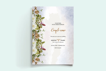 WEDDING INVITATION FRAME WITH FLOWER DECORATIONS AND FRESH LEAVES