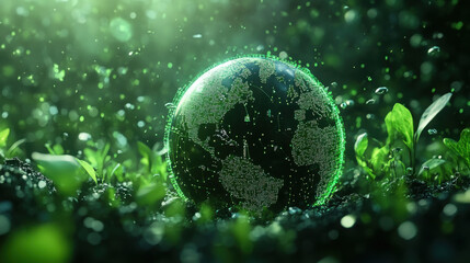 A digital earth globe resting on soil surrounded by green plants in a bright green environment
