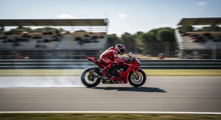 Obraz premium Red motorcycle racing on track, smoke trails