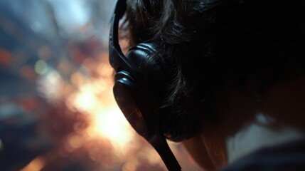 Close-up of a person wearing a futuristic VR headset, immersed in a digital world with bright lights.