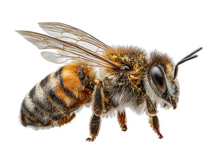 Detailed macro view of a honey bee with pollen on its body isolated on transparent background
