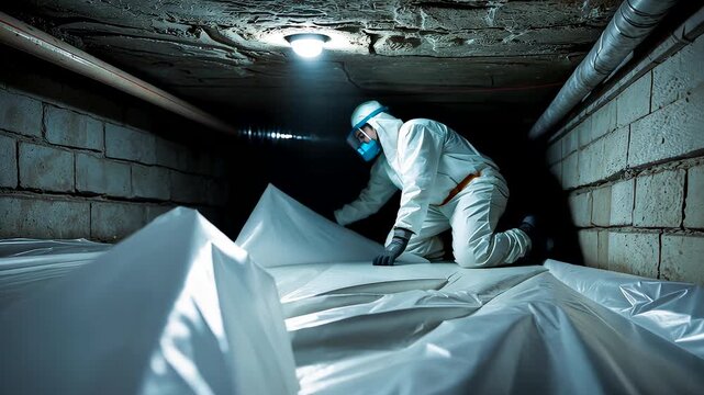 Worker wearing protective hazmat suit covering materials in dark industrial underground tunnel with safety light