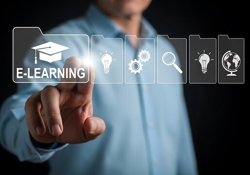 Person touching digital learning interface e-learning - Powered by Adobe