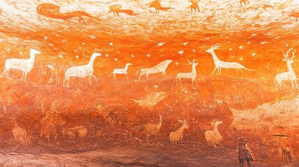 Prehistoric Rock Paintings in Cave, Presenting Ancient Art and Historical Culture Scene