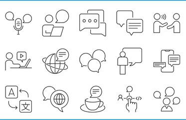 A set of line icons related to Discussion. Discuss, chat, debate, communicate, tea talk, translation, and so on. Vector editable stroke.