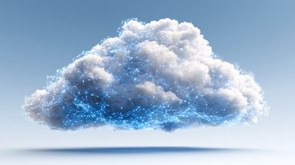 Digital cloud with connected network nodes and data flow on white background.