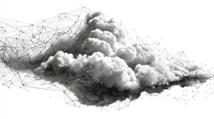 Abstract cloud with data connections and geometric network on white background.
